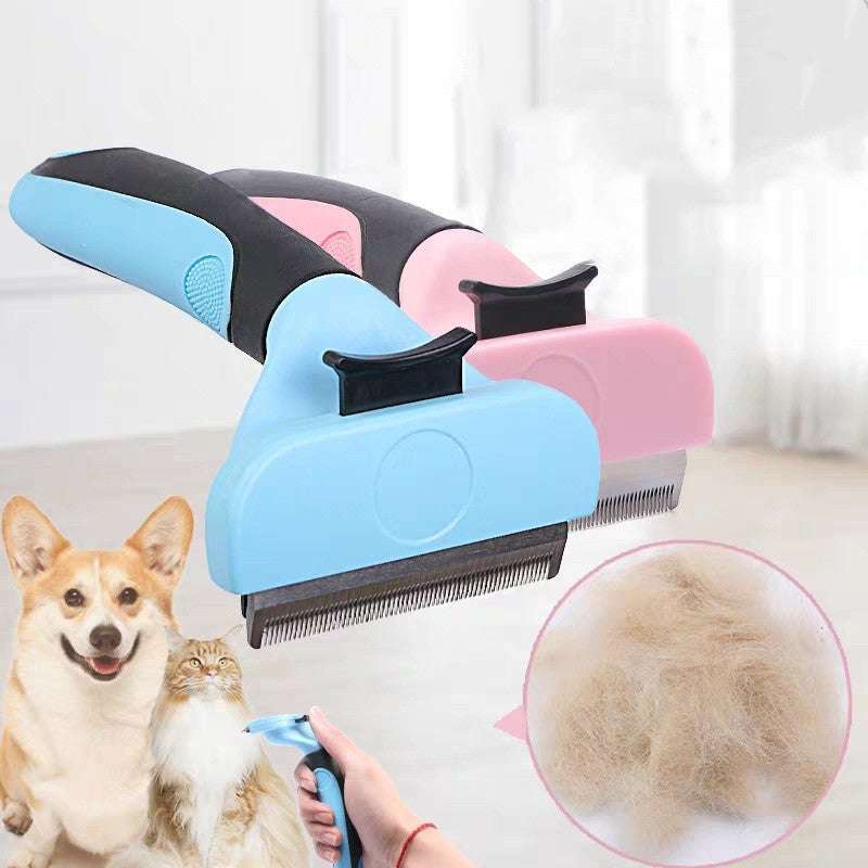 Blue and pink pet grooming tool dog comb with ergonomic non-slip handle and stainless steel teeth