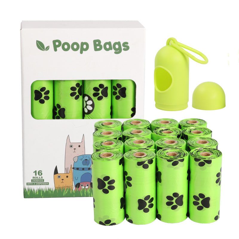 Rolls of green dog poop bags made of biodegradable HDPE and EPI material for pet waste disposal