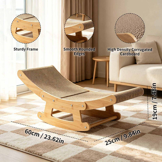2-in-1 cat rocking scratcher lounge chair with cardboard scratch pad and wooden frame