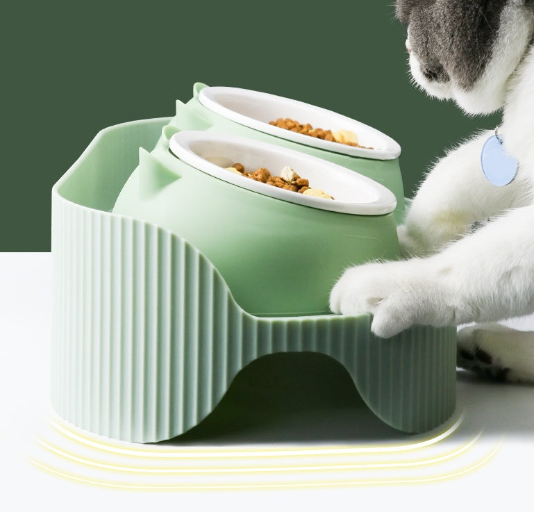 Ceramic pet cat bowl designed to protect cervical spine during feeding