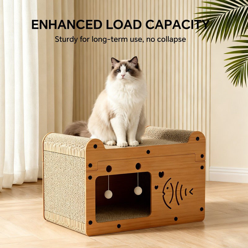 56cm bubble fish shape cat scratcher sofa with 2 teaser balls and wood corrugated claw care toy